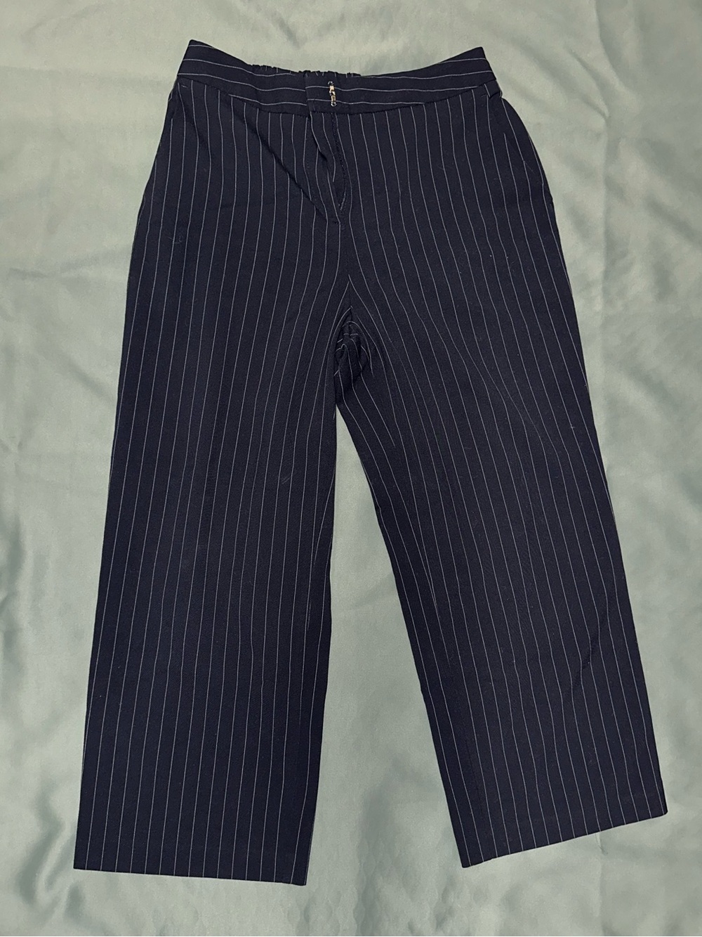 Navy Pinstripe Wide-Leg Trousers